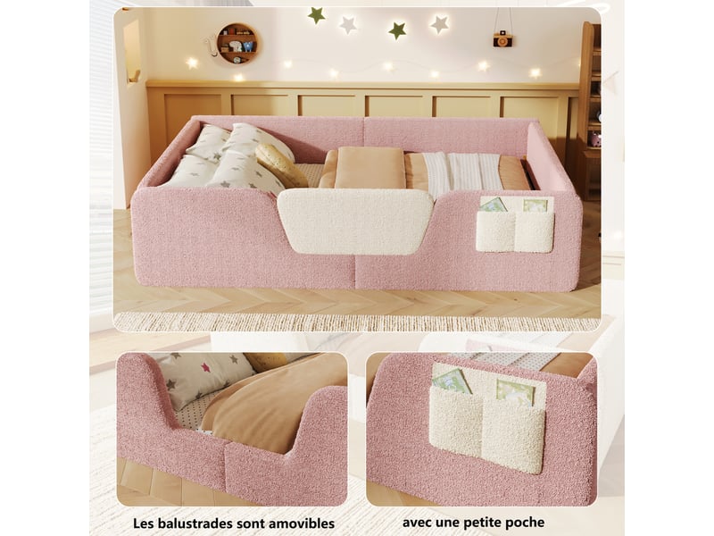 Lit enfant velours rose, lit capitonné 140x190 avec barrières de sécurité amovibles et poche de rangement, sans matelas  - Conforama R