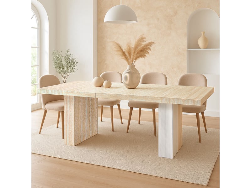 Table rectangulaire extensible virzon 100-240cm effet travertin beige et rainurage blanc Virzon - Conforama F