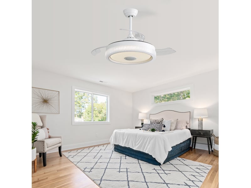  Ventilateur de plafond 106,6 cm blanc, led rgb intégrée, moteur dc réversible, télécommande et bluetooth  - Conforama B
