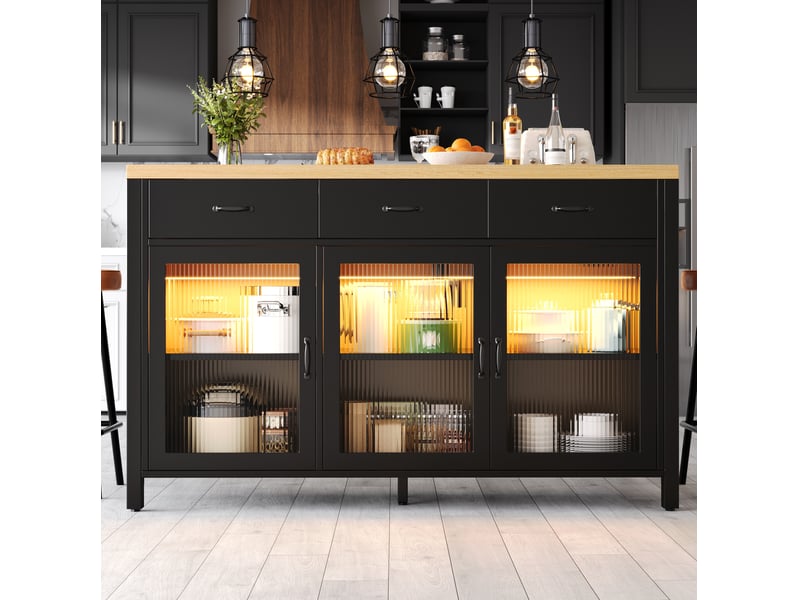  Îlot de cuisine 150x80x90 cm – noir et naturel – 3 tiroirs, portes vitrées, led intégrée, design industriel  - Conforama E