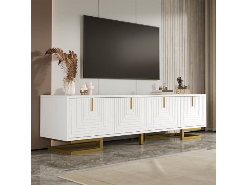  Meuble tv, lowboard avec porte texturée, meuble tv, poignées dorées et pieds dorés des pieds réglables.170x40x45,5cm  - Conforama E