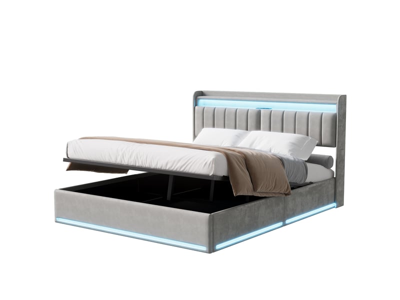  Lit double coffre 160 x 200 avec sommier, sorvaglos, lit rembourré avec led et usb, lit adulte avec hydraulique, velours, gris  - Conforama A