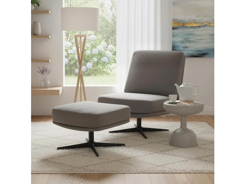  Fauteuil lounge pivotant avec repose-pieds en tissu aspect lin gris foncé  - Conforama C