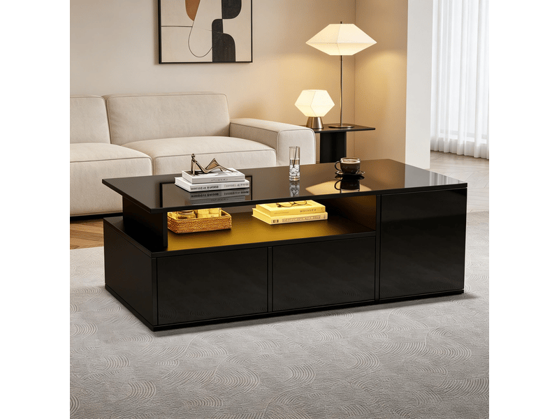  Table basse noire brillante 100x50x35cm, table de salon avec led app, table basse 2 tiroirs et 3 niveaux de rangement  - Conforama B