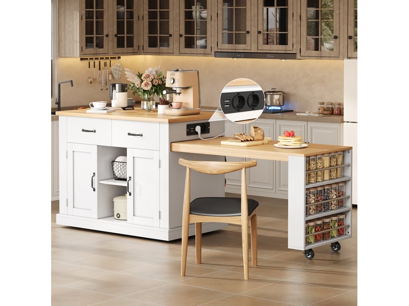  Desserte de cuisine avec table escamotable, 2 portes, 2 tiroirs, roulettes, prises et étagères pour salle à manger  - Conforama D