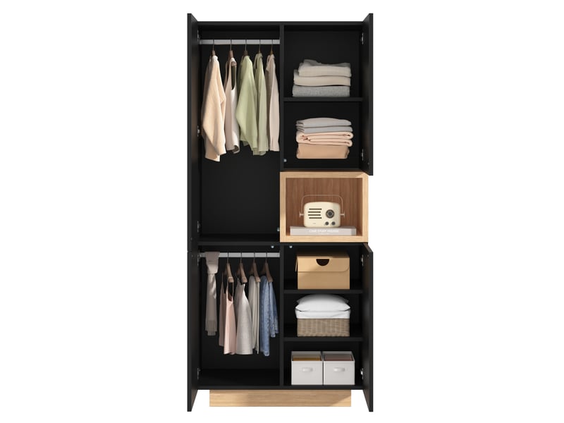 Armoire de chambre noire 2 portes avec 2 penderies et 6 compartiments, 90x45x200 cm, mdf - Conforama A