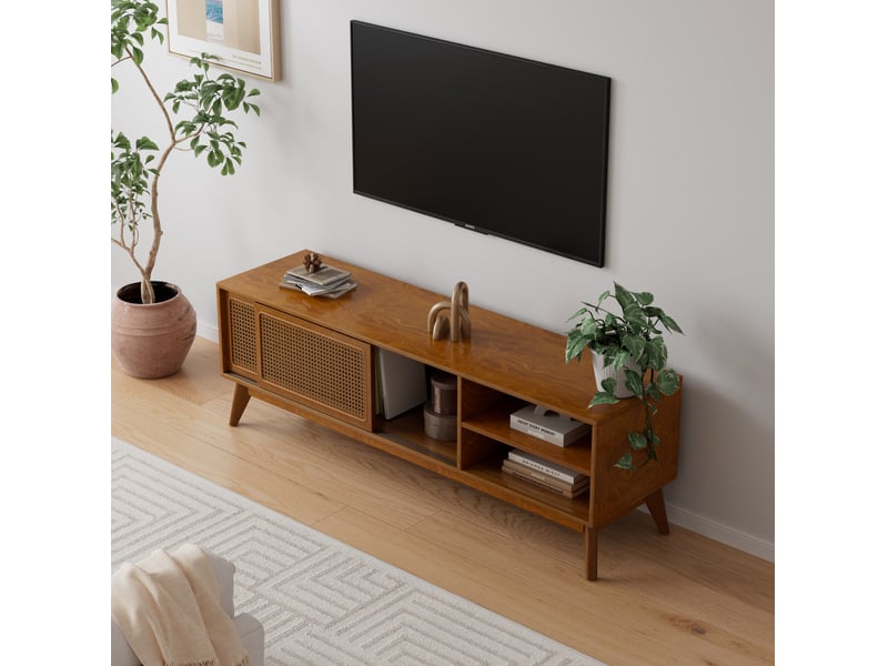  Meuble tv modenvie style moderne années 50 en mdf et bois 150 x 40 x 50 cm noyer clair avec portes en rotin  - Conforama E