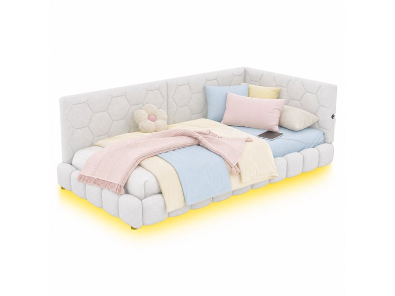  Lit banquette 90x200 cm avec led, ports usb et type c, blanc  - Conforama A