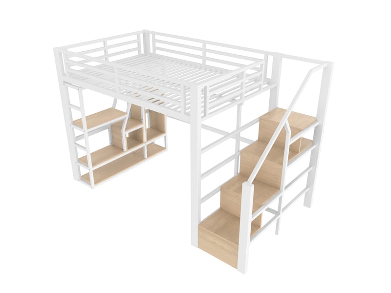 Lit mezzanine 140 × 200 cm 2 places avec led réglable, étagères et marches de rangement, sans matelas, blanc - Conforama A