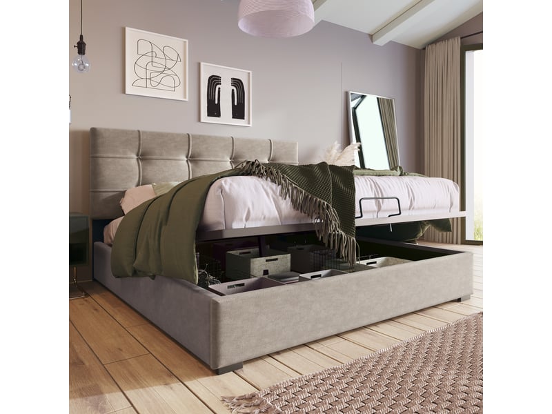 Lit coffre 140x200 cm - lit coffre capitonné double avec rangement, tête de lit ajustable et cadre métallique, velours gris, matelas inclus - Conforama B