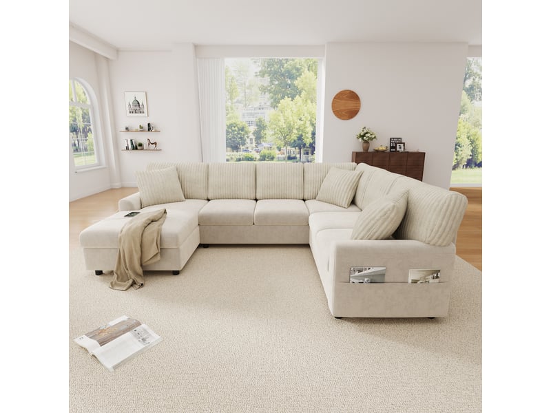Canapé panoramique 6 places 249x196x83 cm en u avec chaise longue, accoudoirs à poches, usb type-c et 3 coussins, chenille et velours côtelé, beige - Conforama C