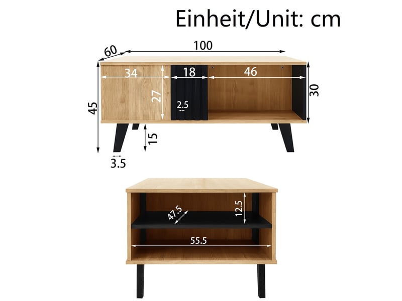  Table basse 100x60x45 cm avec rangements, noir et couleur bois  - Conforama C