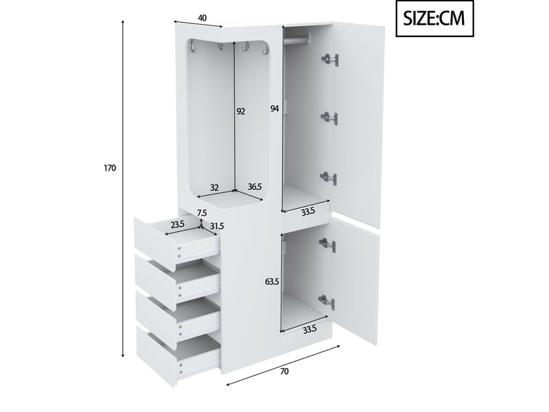  Armoire une porte avec 4 tiroirs et penderie ouverte pour chambre en pin, contreplaqué et mdf blanche 70 × 40 × 170 cm  - Conforama D