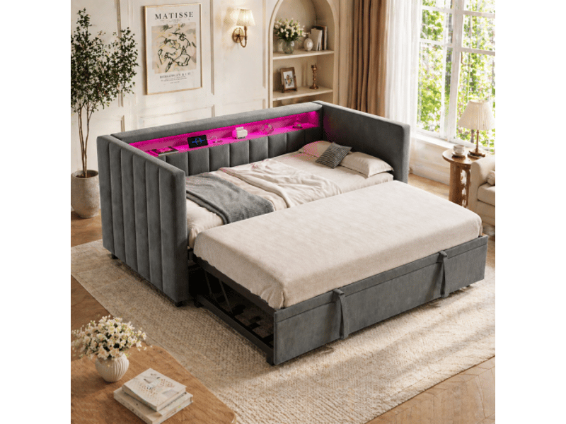  Canapé-lit 90x190 cm – couchage tirable, usb-c, led d'ambiance, velours gris, rangement – salon et chambre d'amis  - Conforama B