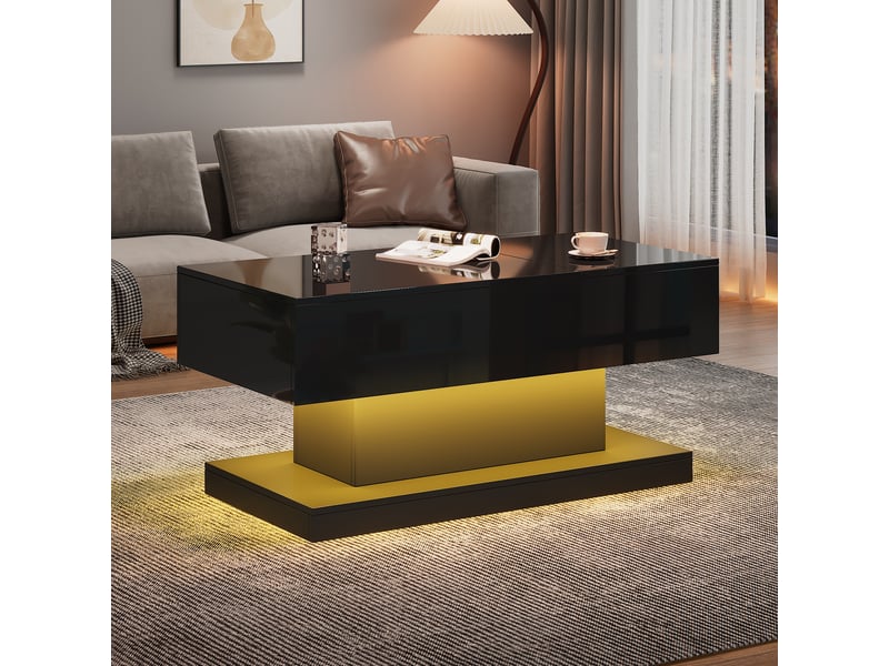  Table basse relevable noire 100x50x45 cm avec éclairage led, plateau coulissant et rangement intégré  - Conforama D