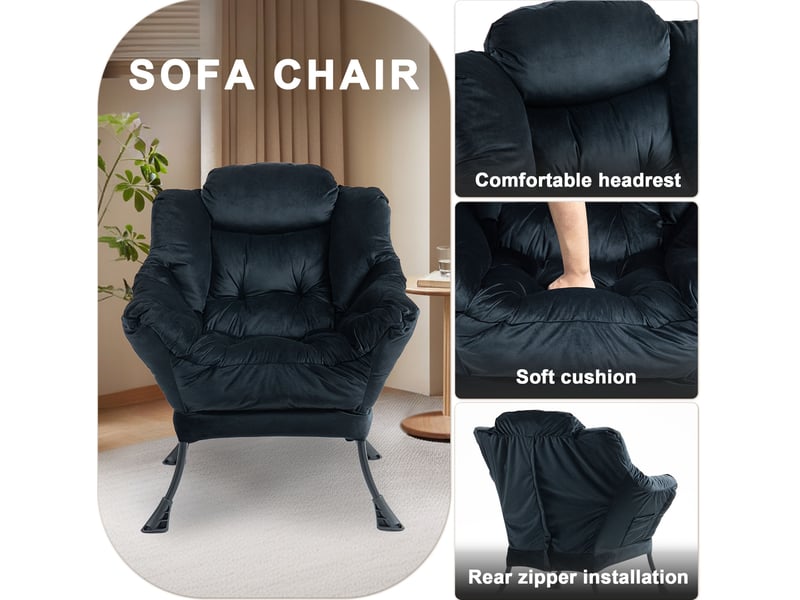  Fauteuil relax avec poche latérale, dossier haut et assise rembourrée pour salon et balcon, en métal noir  - Conforama E