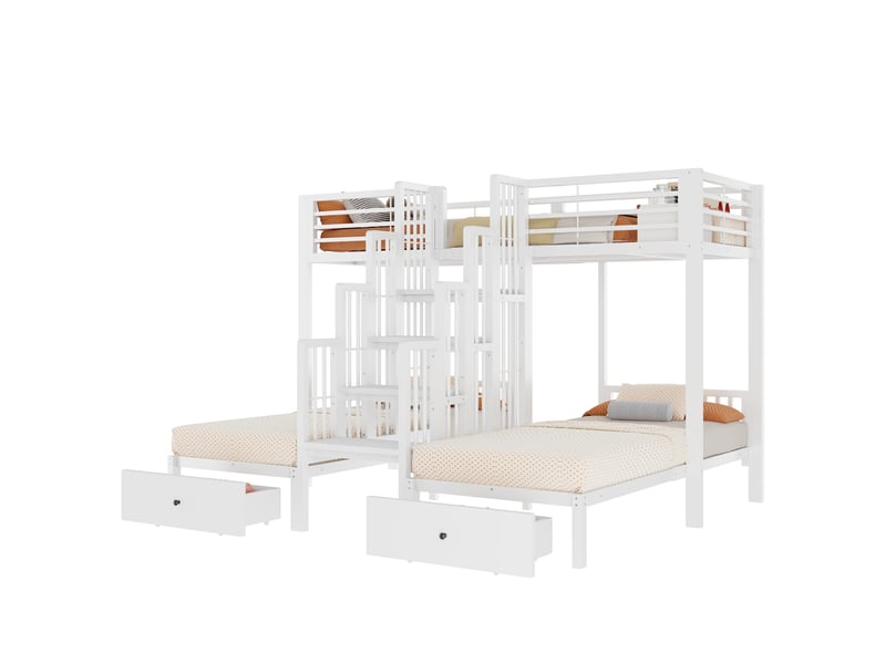  Lit superposé enfant métal 90 x 200 cm, escalier central, barrières de sécurité, tiroirs, blanc ABC - Conforama A