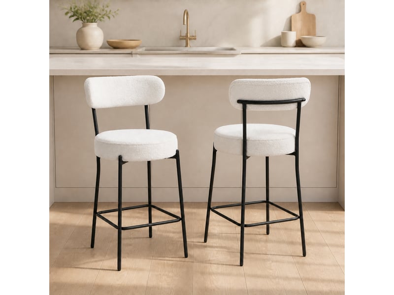  Lot de 2 tabourets de bar en tissu bouclette, chaises de bar avec dossier courbé, repose-pieds, 49x52x95cm, crème  - Conforama C