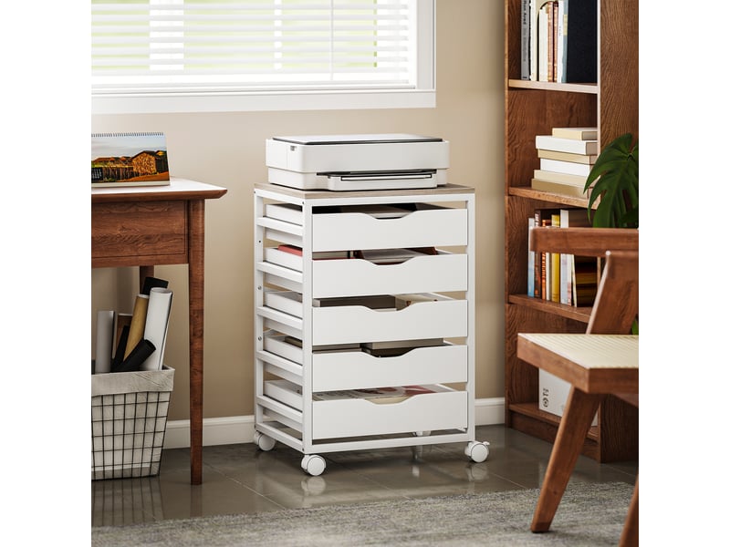  Caisson bureau mobile, meuble rangement sur roulettes bois avec 5 tiroirs, poignées encochées, 50 x 40 x 74,5 cm , blanc  - Conforama A