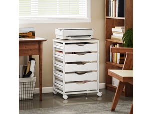 Caisson bureau mobile, meuble rangement sur roulettes bois avec 5 tiroirs, poignées encochées, 50 x 40 x 74,5 cm , blanc