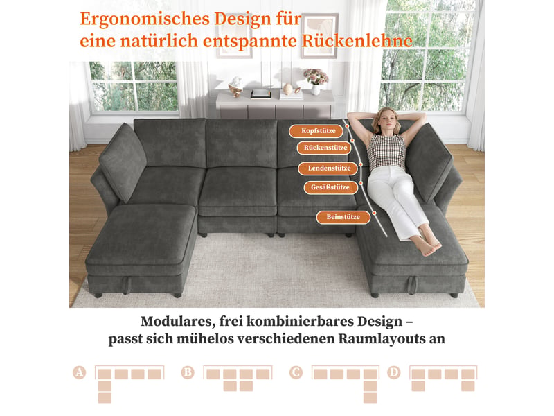  Canapé d'angle, canapé modulable, 6 places, en tissu chenille, gris, avec pouf, style cloud, pour salon, appartement, chambre  - Conforama W