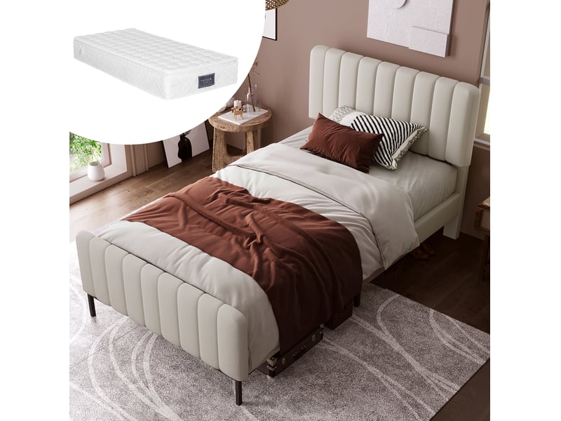  Lit simple 90x200 cm avec sommier à lattes et tête de lit réglable, gris et beige  - Conforama B