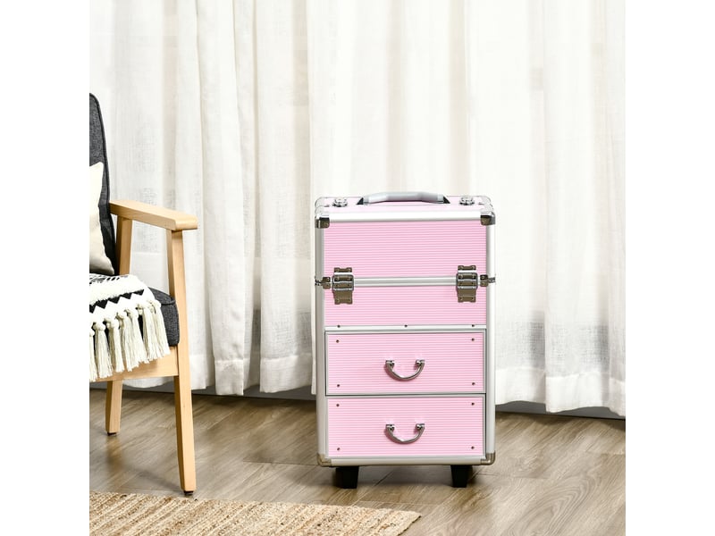  Valise de maquillage professionnelle, trolley renforcé avec serrure à 2 clés et roulettes, 36 x 23 x 58 cm, rose  - Conforama D