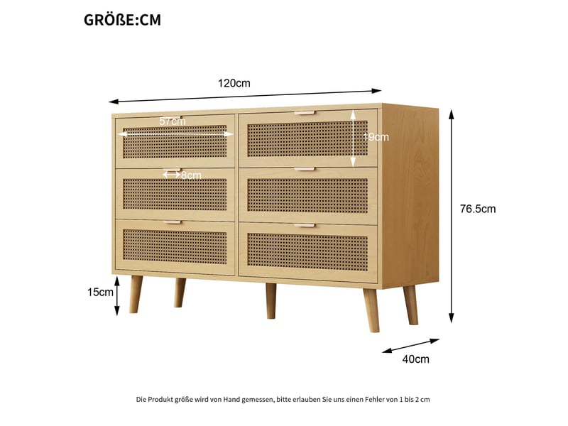  Commode 6 tiroirs 120x40x76,5 cm, rangement rétro, poignées métal, panneaux de particules, chêne clair  - Conforama C