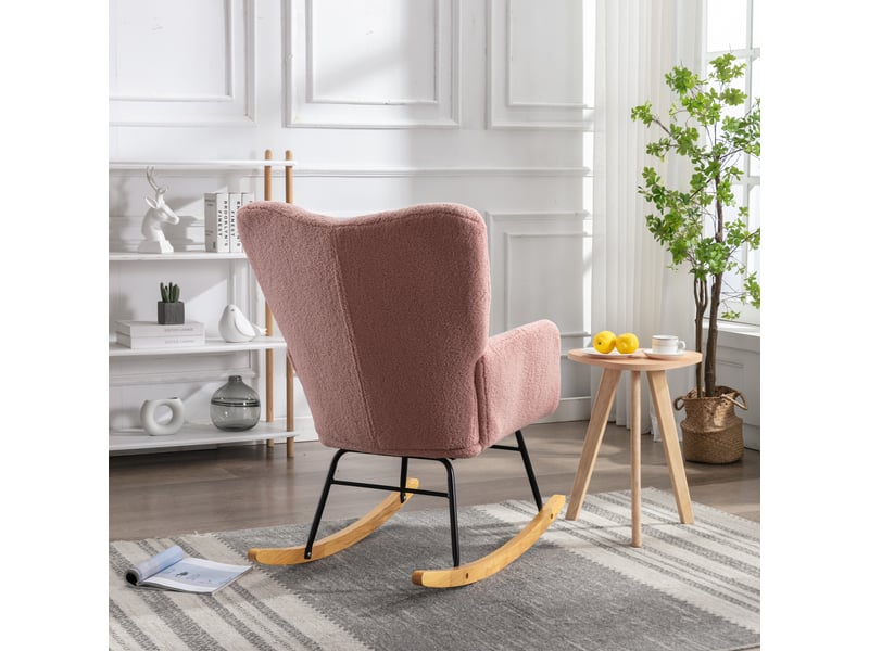  Fauteuil à bascule rose en tissu teddy avec dossier capitonné, pieds en bois et cadre en métal, 80x70x95 cm  - Conforama R