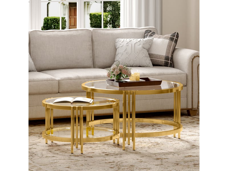  Table basse ronde pour salon avec plateau en verre amovible ø80×h45 &amp; ø60×h35 cm, pieds en métal galvanisés  - Conforama C