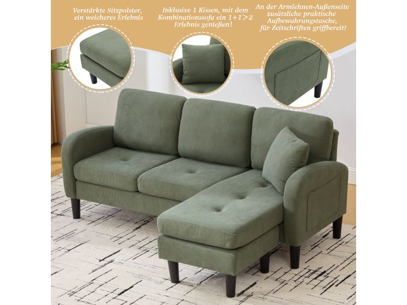  Canapé d'angle 3 places avec méridienne réversible en tissu cord vert - structure moderne  - Conforama E