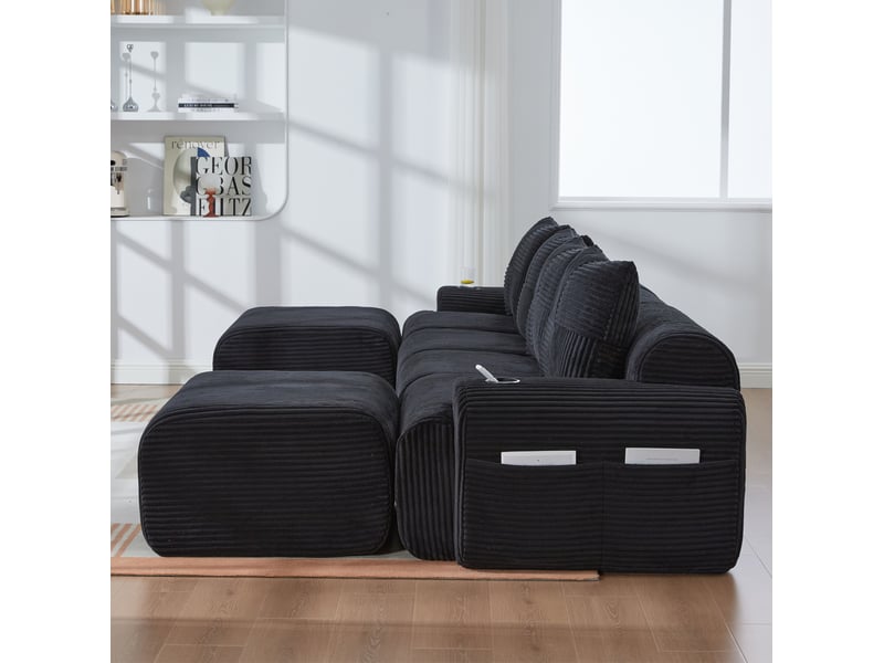  Canapé modulable 4 places 333x174x80 cm, velours côtelé noir, porte-gobelet incorporé, poche latérale, assise large  - Conforama E