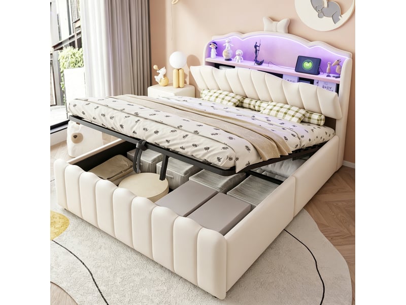  Lit coffre enfant 140x200 cm avec éclairage led, métal et mdf, beige sans matelas  - Conforama B