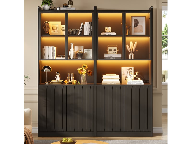 Vitrine double 8 portes, 10 compartiments et éclairage led, étagères réglables, pour salon, noir, 160 × 35 × 200 cm - Conforama C