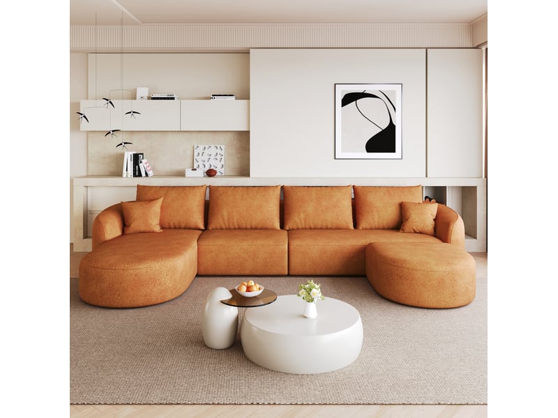  Canapé d’angle en u 5 places en tissu chenille orange, 336x168x85 cm  - Conforama W