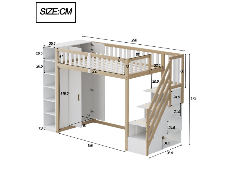  Lit mezzanine 90x200 cm avec grande armoire, échelle de sécurité avec rangement, lit enfant en bois massif, lit mezzanine blanc et bois.  - Conforama R