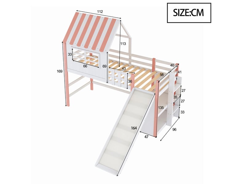  Lit mezzanine enfant 90 x 200 cm avec toboggan, échelle et rangements, rose  - Conforama C