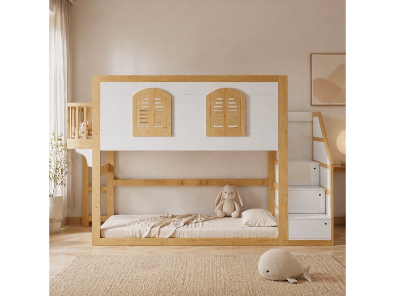  Lit surélevé enfant avec escalier de rangement blanc et naturel 90 x 200 cm  - Conforama D