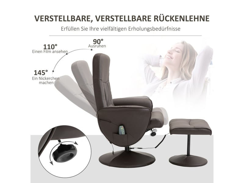  Fauteuil l76 x p81 x h105 cm fonction inclinable rotation à 360° 10 points de massage revêtement en similicuir coloris marron  - Conforama E