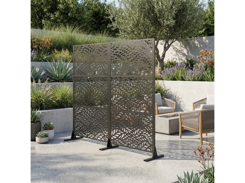 Brise-vue extérieur en métal 183 × 116 cm, panneau décoratif autoportant avec base stable - Conforama E