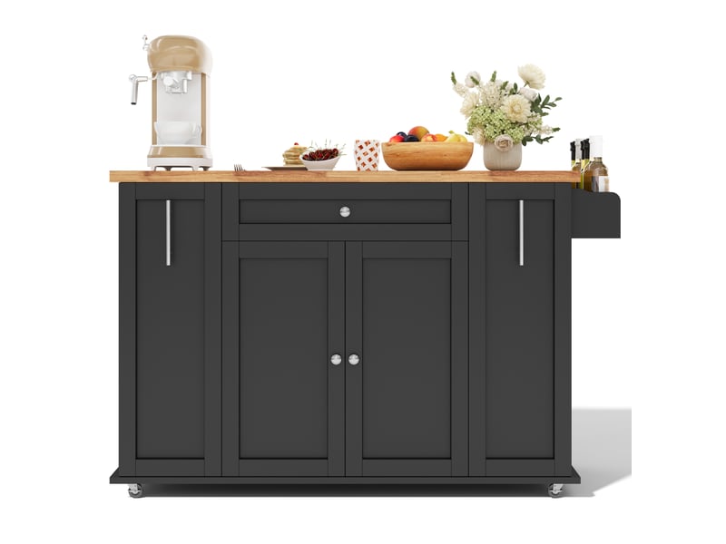  Desserte de cuisine plateau rabattable, 3 tiroirs, 4 portes et roulettes verrouillables, noir naturel 120 × 70 × 87 cm  - Conforama A