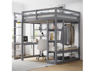 Lit mezzanine ulevr 140x200 cm avec bureau, étagères, échelle et rangement, structure en bois, gris