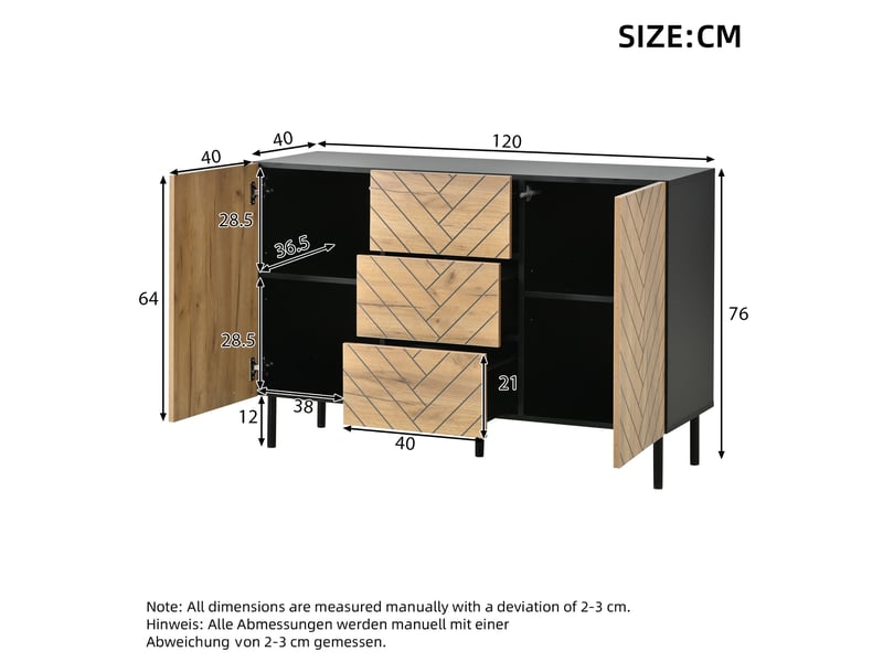  Buffet salon bois et noir, meuble de rangement 3 tiroirs 2 portes, 120x40x76 cm  - Conforama C
