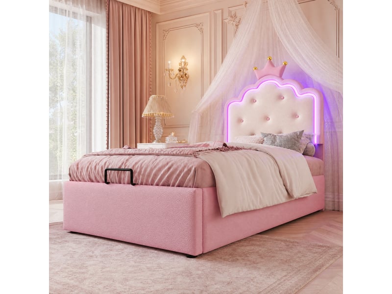 Lit enfant 90×200 cm coffre, led télécommandée et tête couronne - sans matelas, pu rose - Conforama C