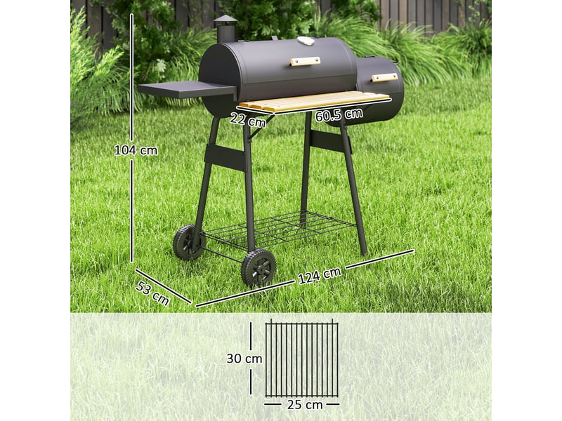  Barbecue à charbon avec couvercle et fumoir, barbecue de jardin avec étagères et roulettes, 124 x 53 x 104 cm, noir  - Conforama E
