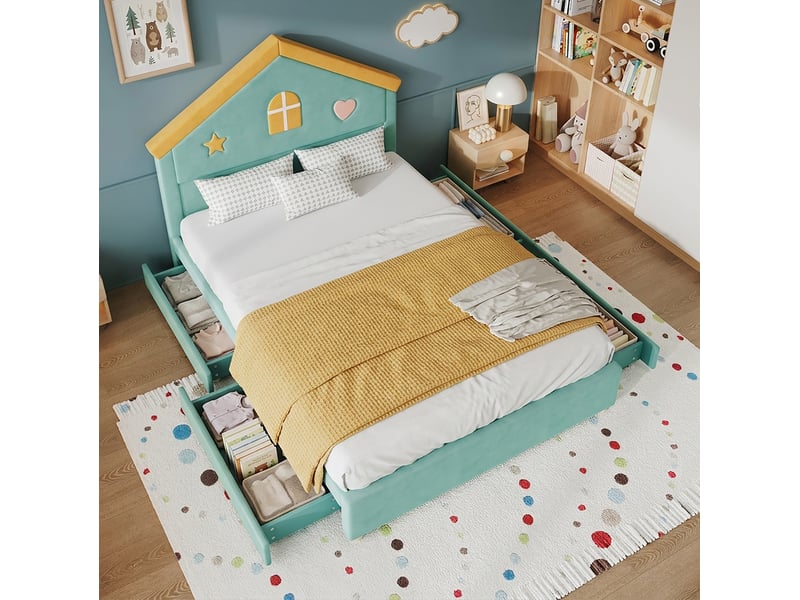  Lit enfant maison 140x200 cm avec 4 tiroirs bleu-vert sans matelas  - Conforama B