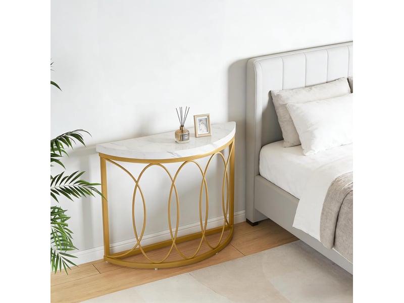  Table console demi-lune avec plateau imitation marbre, cadre en métal, 1 étagère pour entrée et salon, 110 × 35 cm  - Conforama B