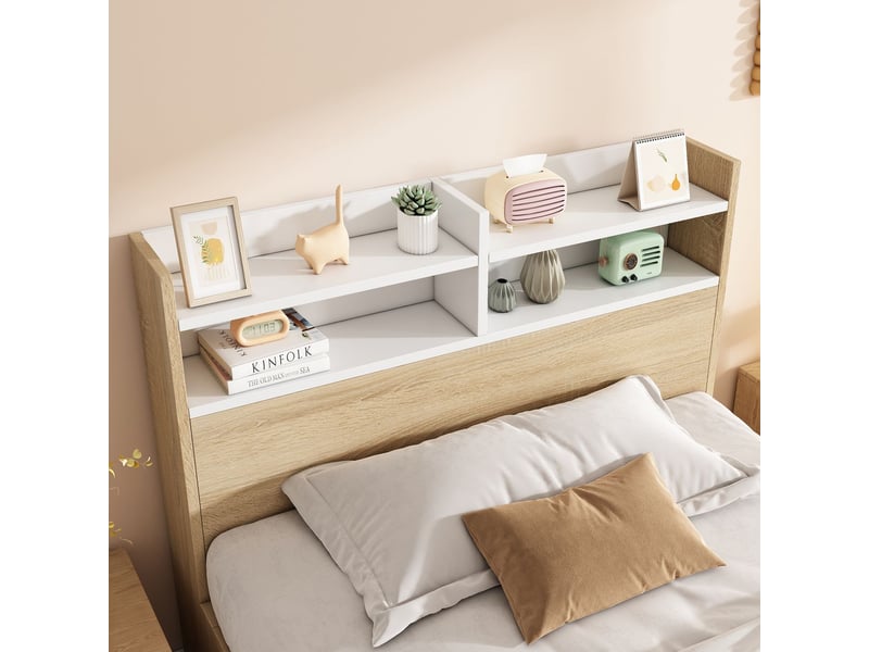  Lit avec tiroirs 90x200, rangement intégré lit une personne, tête de lit étagères, structure bois massif, matelas inclus  - Conforama D