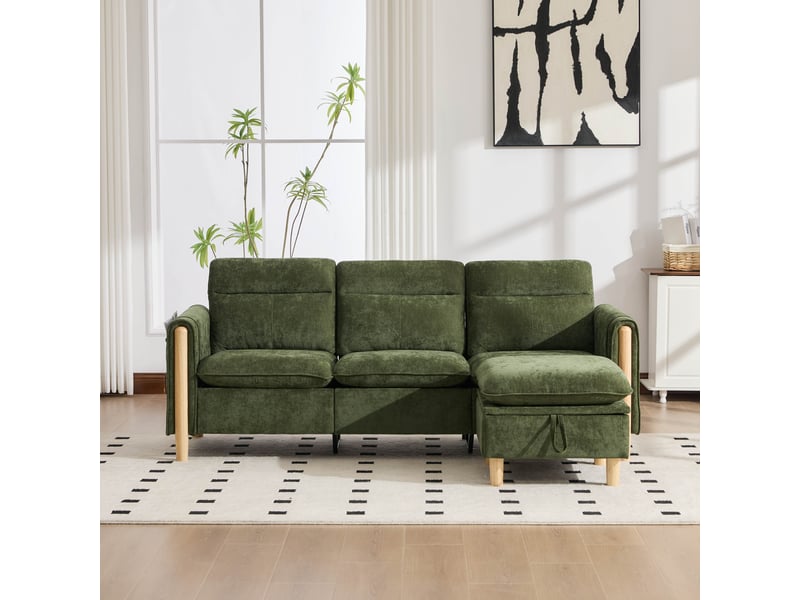 Canapé d’angle modulable 3 places 201x77x86 cm, méridienne réversible avec coffre, poches latérales, pieds en bois, style scandinave, chenille verte - Conforama C