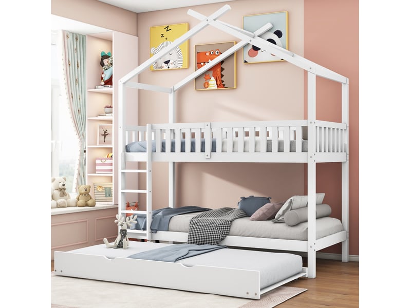  Lit superposé cabane enfant 90x200 cm avec lit gigogne blanc  - Conforama D